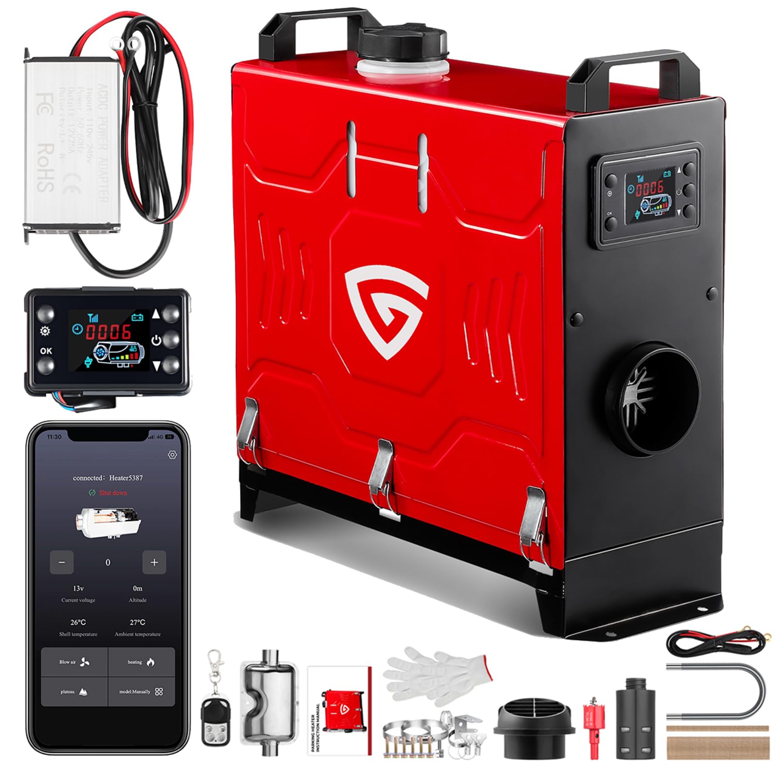 8 kW Standheizung diesel 12V & 24V & 230V mit Bluetooth APP Steuerung & Fernbedienung&LCD Display, 0,15–0,45 L/h All in One schnell aufheizende Tragbare Diesel Standheizung für Auto, LKW, Transporter