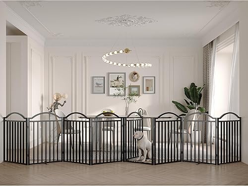 Miniatura 12 de BHG Puerta para Perros de Metal Sin Ensamblaje Independiente con Puerta de Paso, Extra Ancha 96", Puerta para Mascotas Extra Alta 32", Parque Negro
