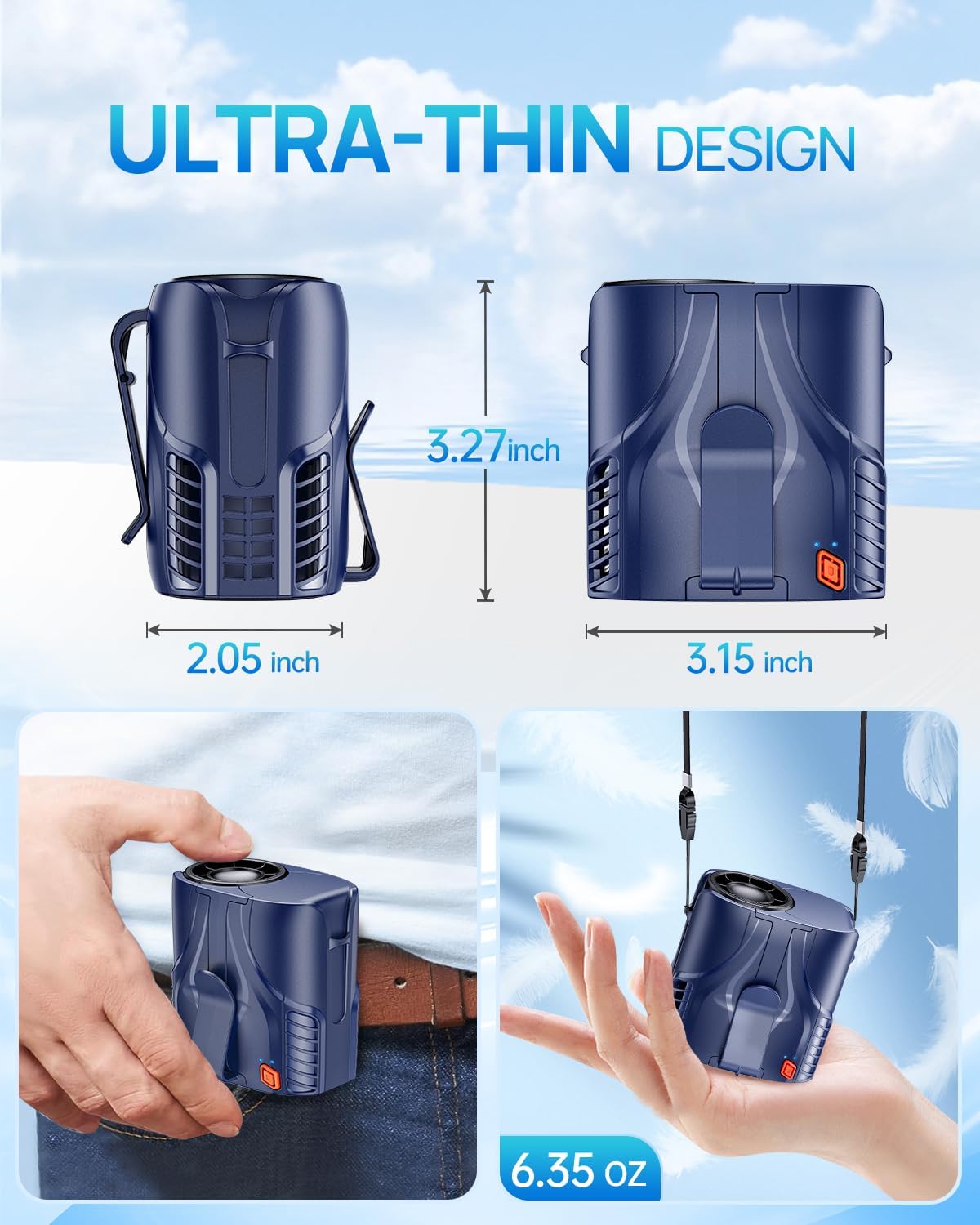 Portable Personal Waist Fan& Neck Fan, 14000RPM Brushless Motor, 40H Runtime Rechargeable, 6-Speed Quiet Operation, Clip-On Personal Body Cooling for Camping/Worksites/Outdoor