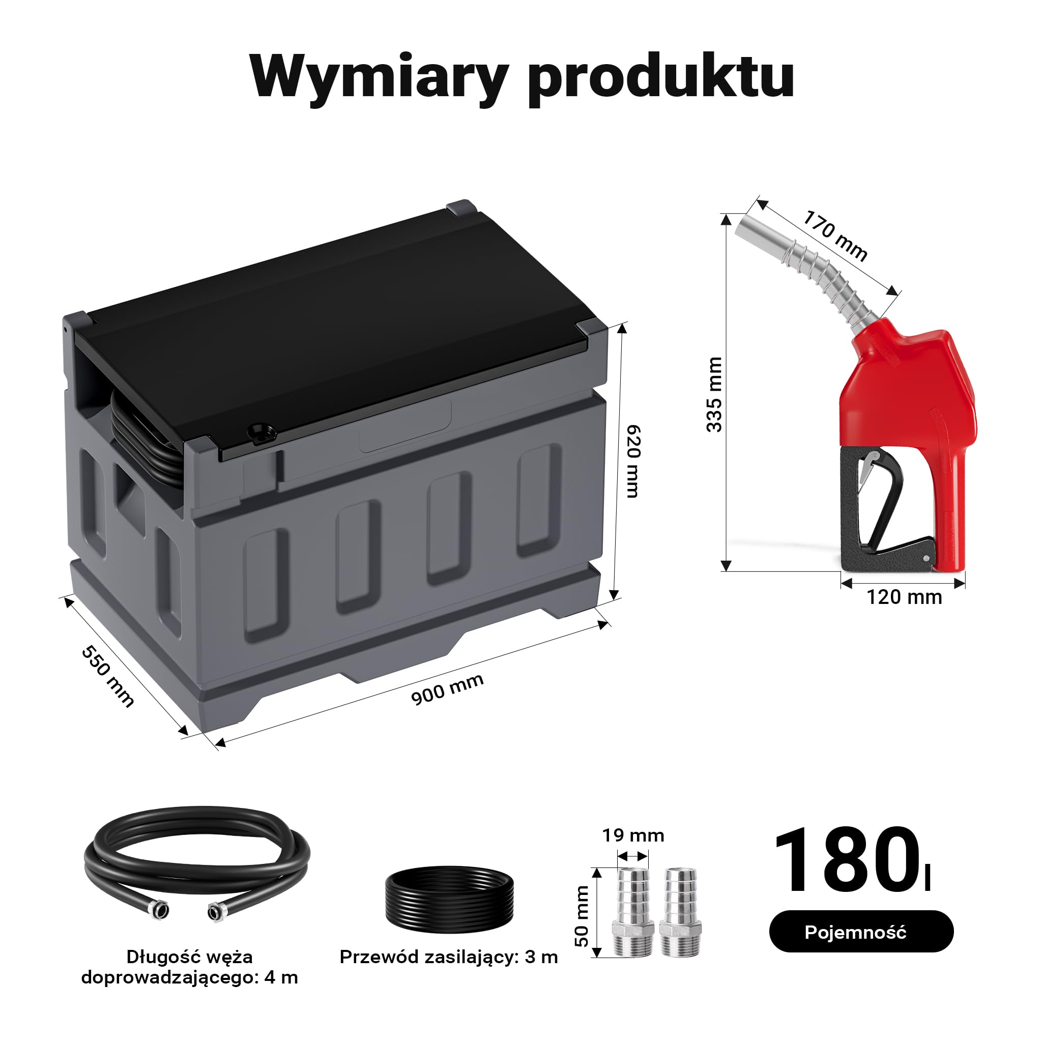 Wiltec Przenośny zbiornik paliwa 180 l z pompą do paliwa 40 l/min 12 V i pistoletem, mobilny zestaw na kołach na olej napędowy diesel