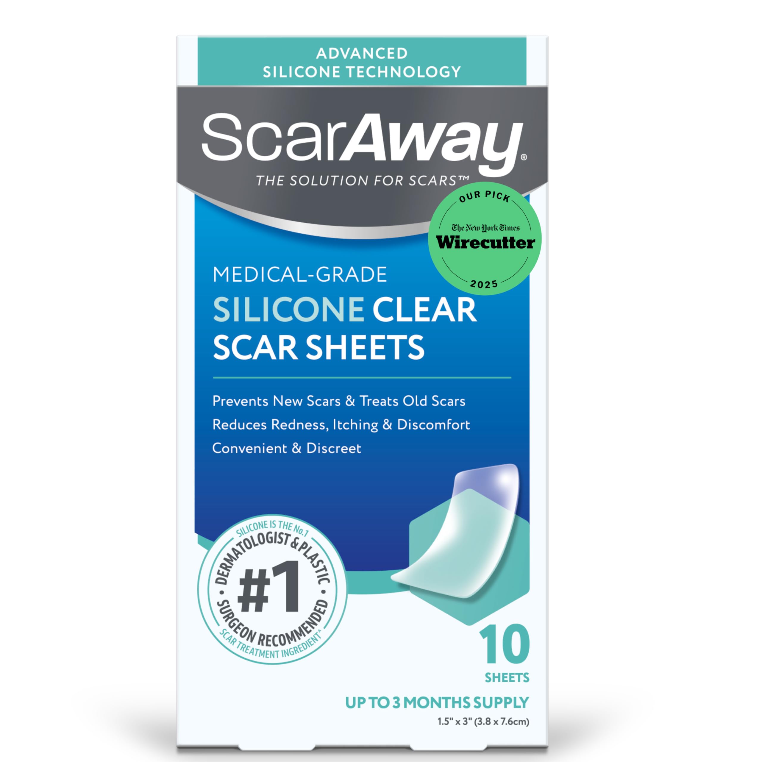 ScarAway Advanced Clear Silicone Scar Sheets, Medical Grade Silicone Strips (1.5" x 3") Scar Treatment and Prevention for Surgical, Burn, Body, Hypertrophic & Keloid Scar Treatment, 10 Clear Sheets