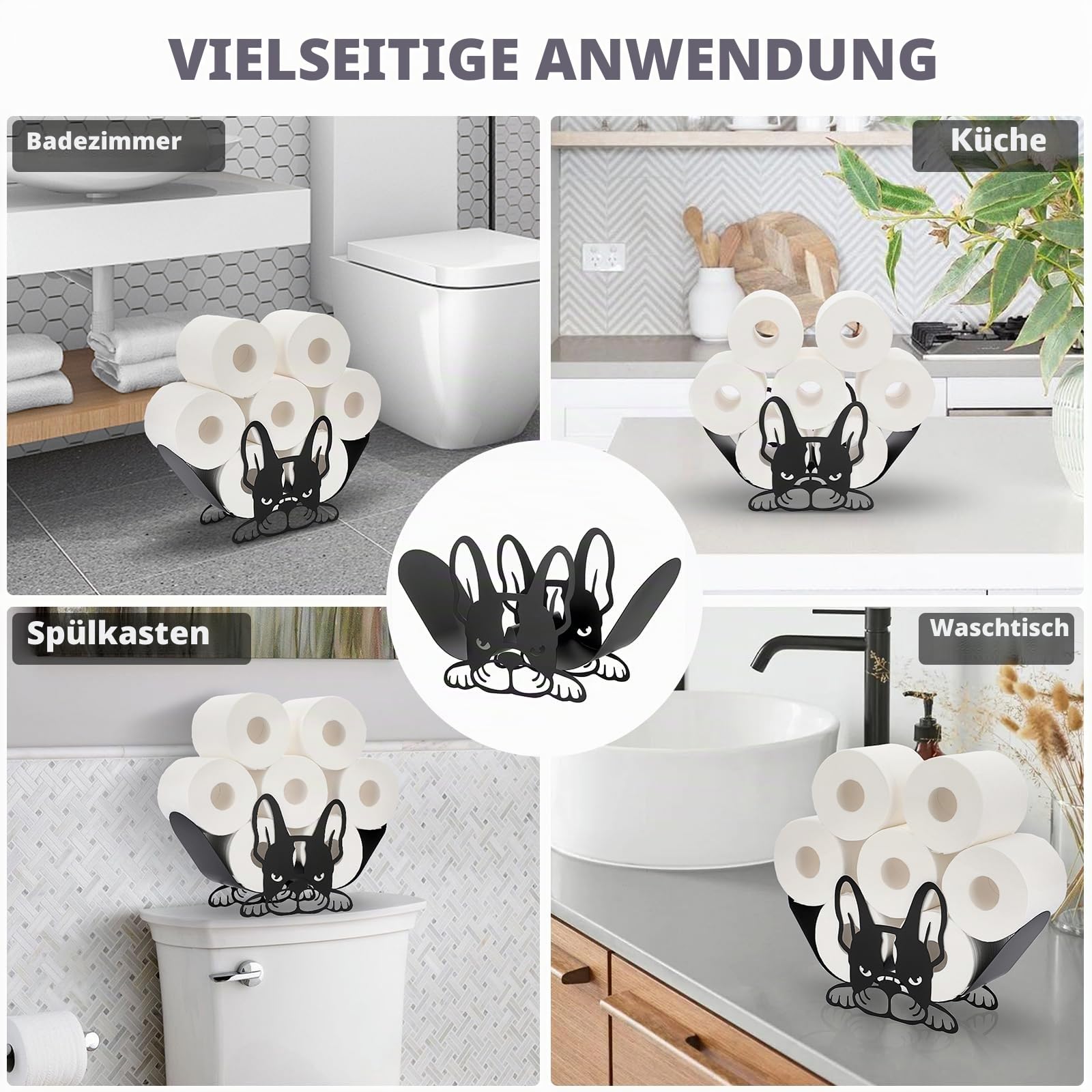 SUMNACON Schwarz Toilettenpapierhalter aus Metall WC Rollenhalter Stehend Toilettenpapierhalter Stehend Papierhalter Toilettenrollenhalter Ohne Bohren Dekoration für Badezimmer Küche Bulldogge-Form