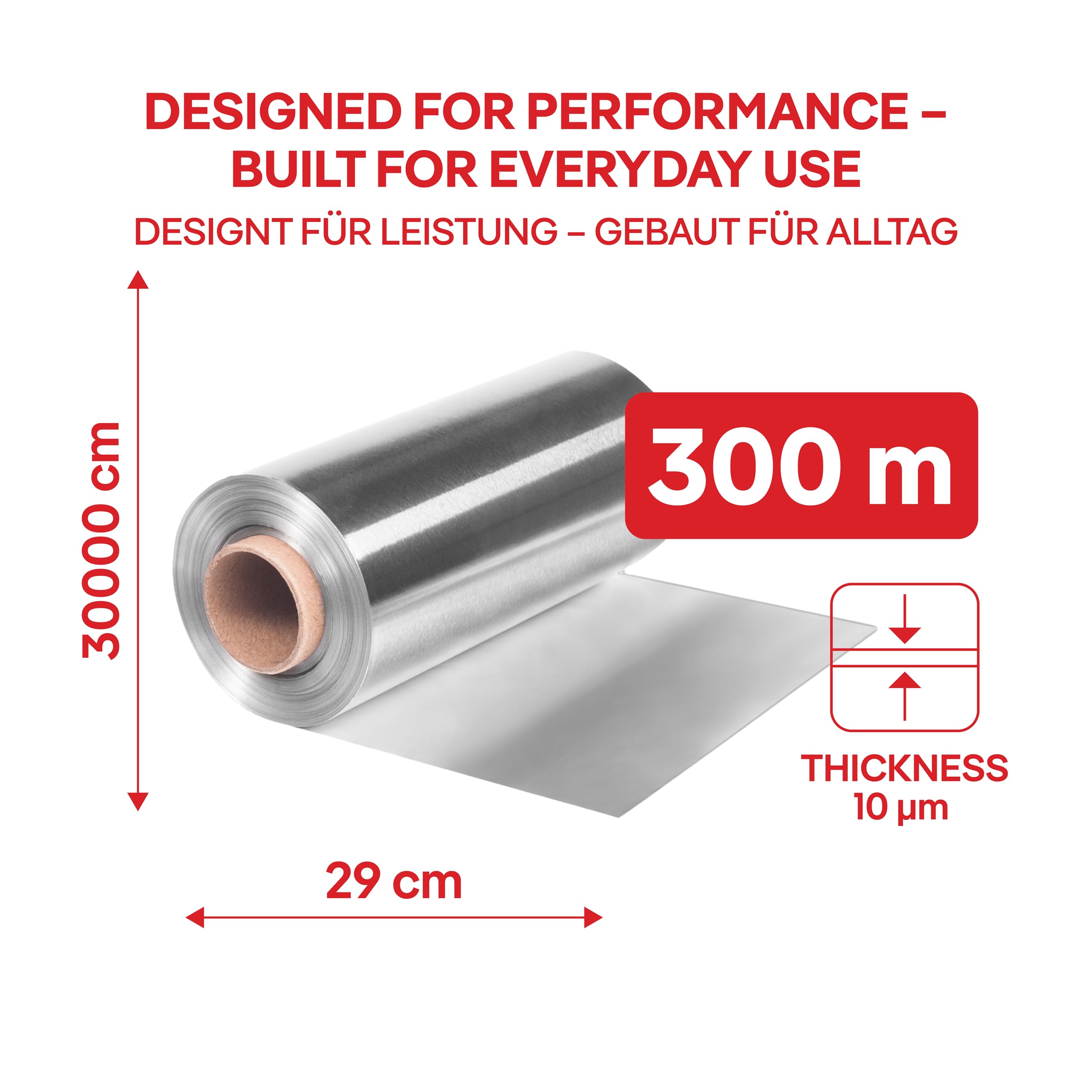 ALUFIX Foglio di alluminio per cottura al forno/ 1 rotolo/ 29 cm x 300 m/ 10 μm/argento/resistente allo strappo/resistente al calore e all'umidità/riciclabile/per la cucina