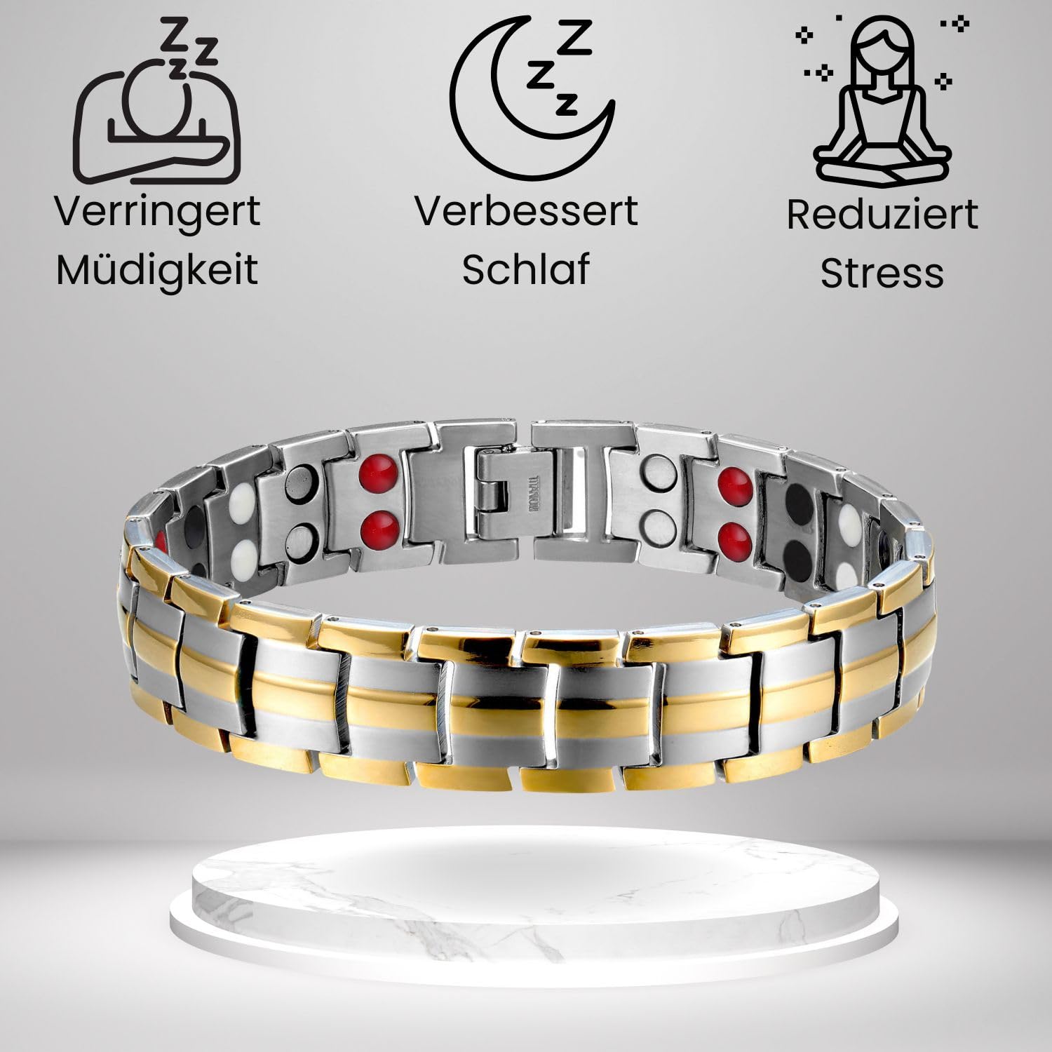 Generisch Doppelreihiges Titanarmband in Silber und Gold, Titan Magnetarmband für Männer, Herren Armband mit Magneten,Inklusive Geschenkbox