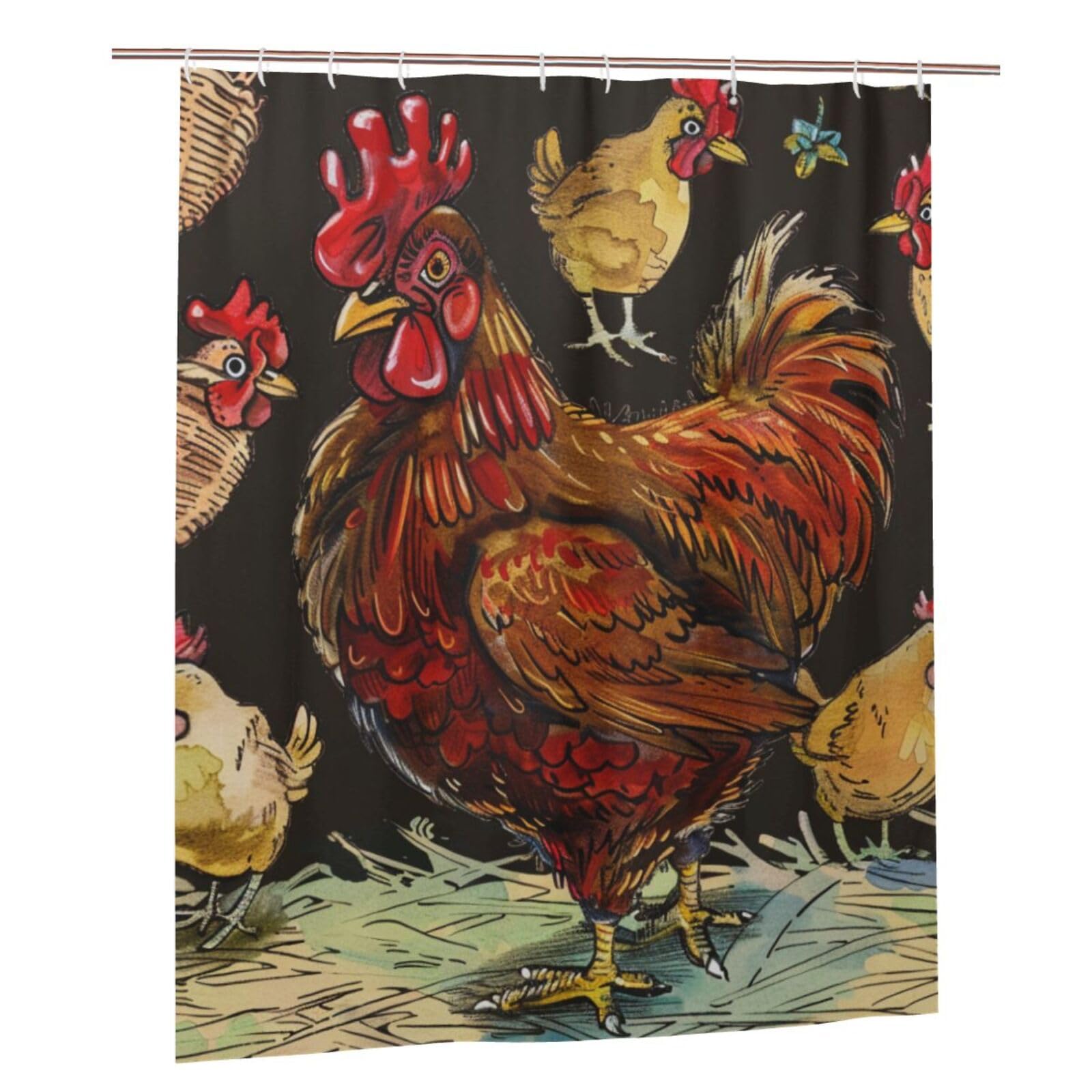 BWWHCCTI Chicken Print Printed Shower Curtain With 12 Plastic Hooks Opaque Quick Drying Waterproof Shower Curtains Sets For Bathroom 152x183 Cm