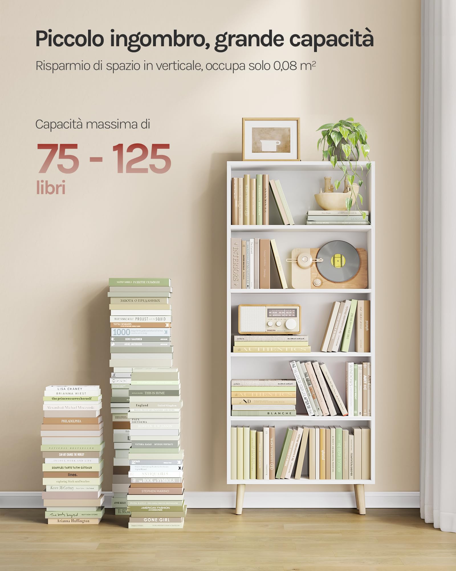WOLTU Libreria a 5 Ripiani, Scaffale Libreria da Terra Salvaspazio | Mobile Porta Libri in Legno Bianco Moderno, per Soggiorno, Camera da Letto, Studio, Ufficio, 60x24x144 cm