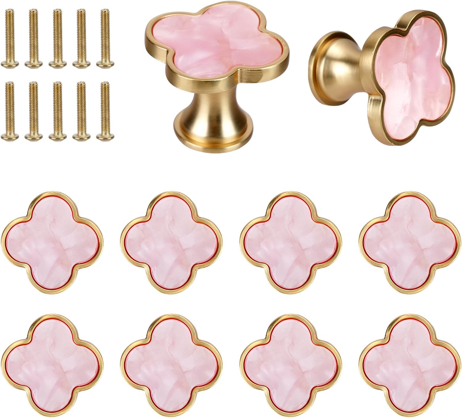 10 PCS Four Leaf Clover Cabinet Knobs with Screws, Gold Drawer Knobs Pulls Handles Modern Single Hole Door Cupboard Handles Zinc Alloy for Kitchen Wardrobe Dresser Furniture (Gold+Pink)