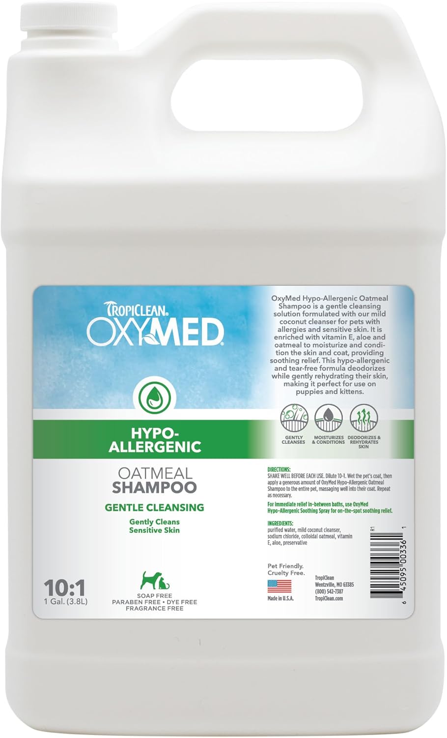 TropiClean OxyMed Hypoallergenic Dog Shampoo for Allergies and Itching, Skin Soothing Shampoo for Pets with Sensitive Skin, Tearless, Cat Safe, 1 Gallon