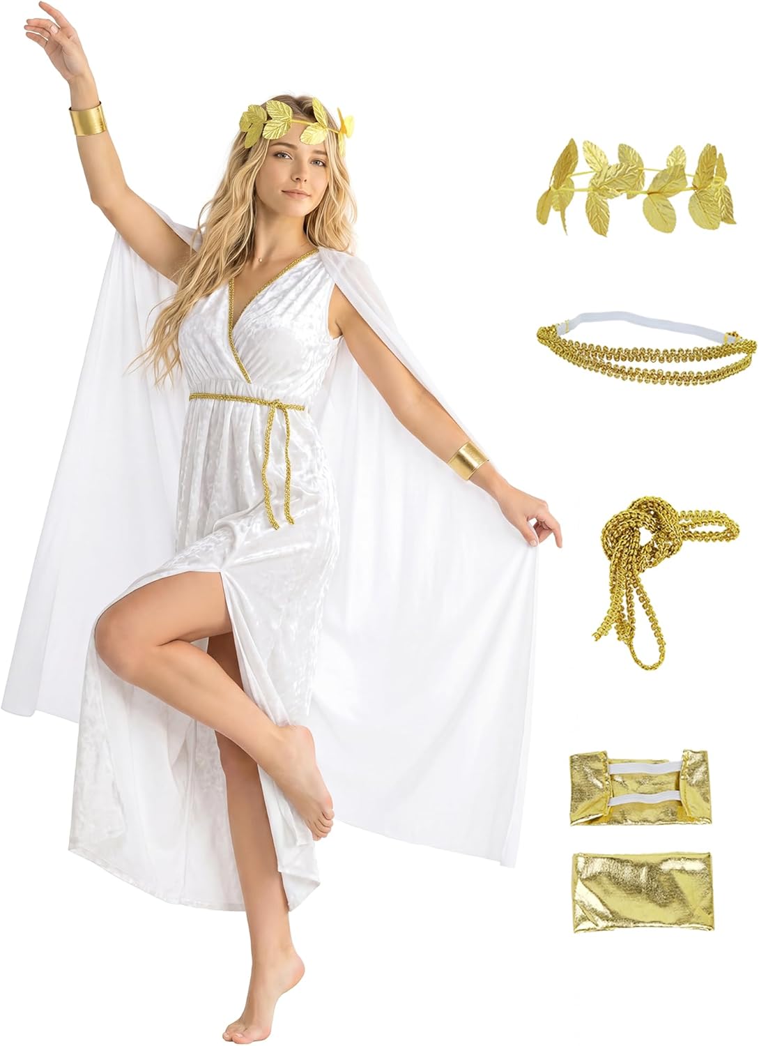 UQJE Womens Greek Toga Costume Set Halloween Cosplay Roman Goddess Grecian Outfit for Women