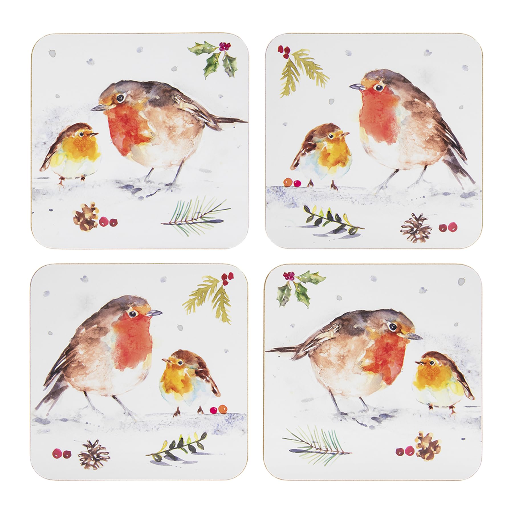 Widdle Gifts 4 Coasters 1107 Christmas Tableware Corked Back Set Of Beautifully Coloured Winter Robins Placemats Or Coasters (4 Coasters 1107)