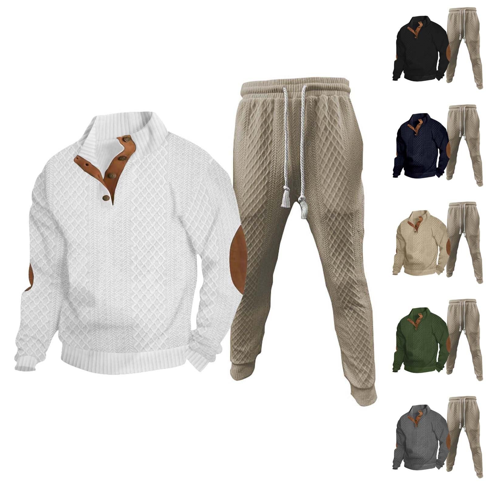 Generisch Tuta da uomo per il tempo libero, in cotone, set da 2 pezzi, senza cappuccio, a maniche lunghe e jacquard, da uomo, abbigliamento casual