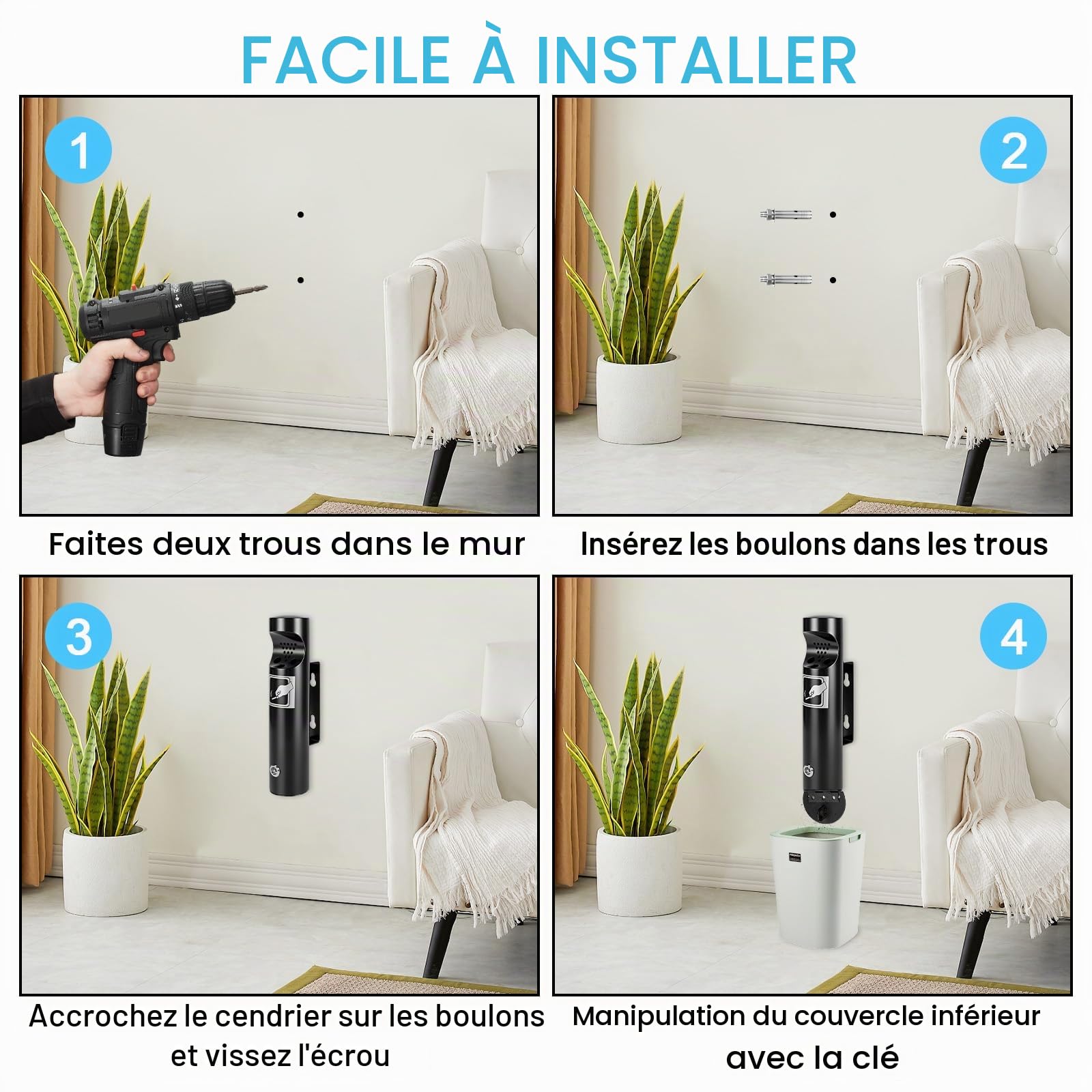 28,5 x 6,5 cm - Cendrier mural pour extérieur - En acier inoxydable - Avec matériel de montage - Clé - Résistant aux intempéries - Pour jardin, terrasse, bureau, hôtel, rue - Noir