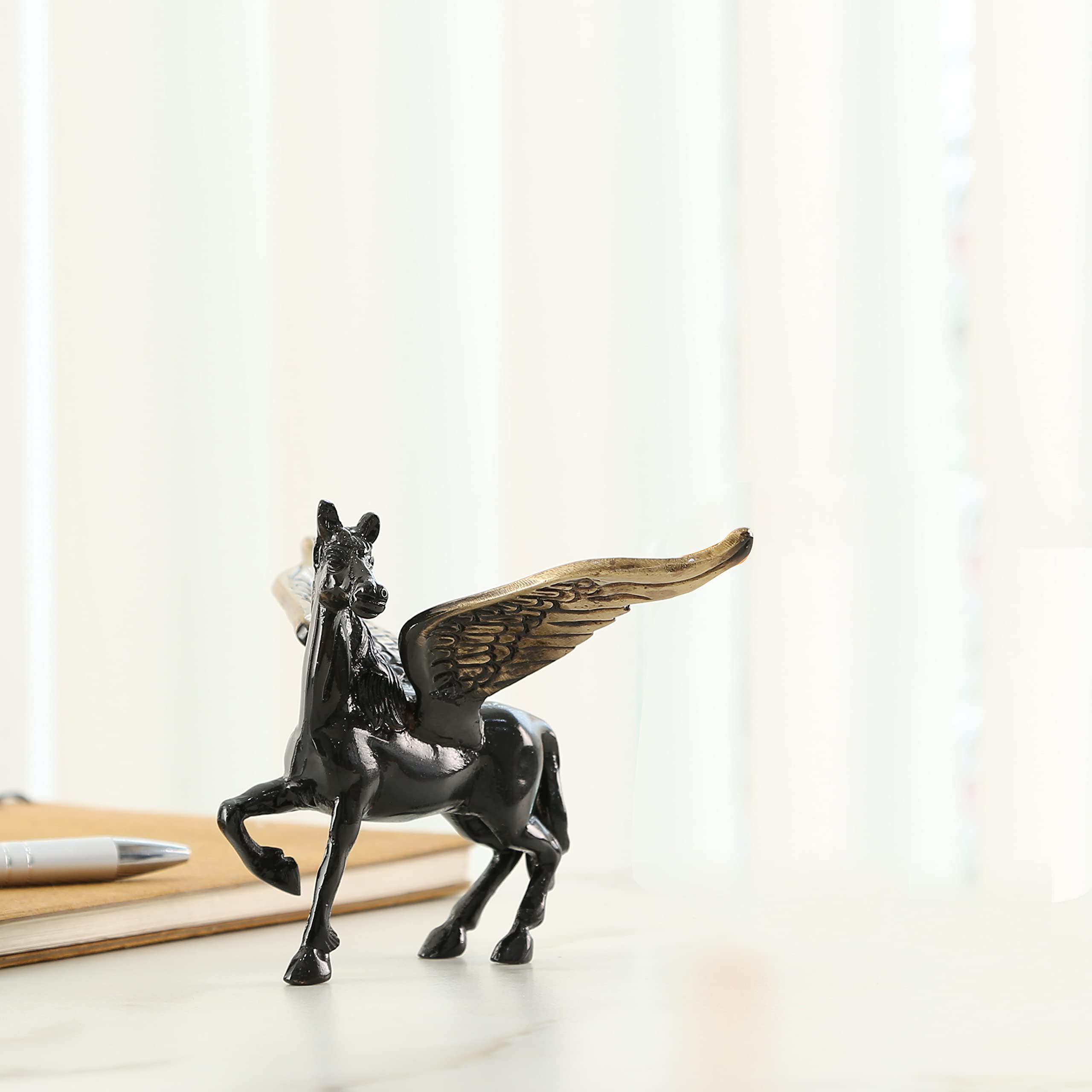 Two Moustaches Flying Angel Brass Horse Showpiece for Home Decor, Pegasus Animal, Feng Shui, Running Horse Statue, Decorative Home Office Showpiece Figurine, Standard, Pack of 1 1