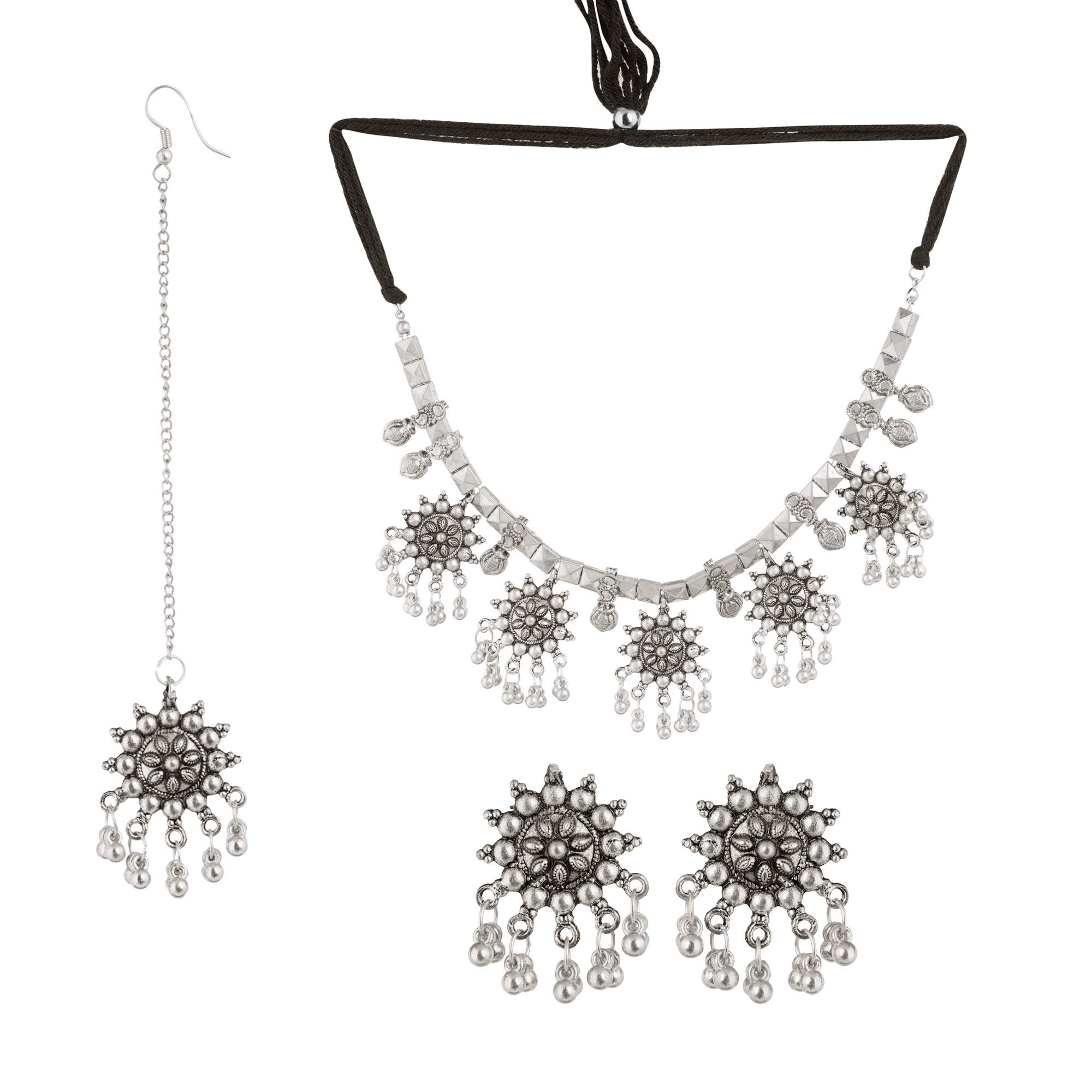 Shreyadzines Oxidised Jewellery Set Designer Handmade Ethnic Choker Necklace with Earring and Mang Tikka for Women & Girls (Silver) (B08VG4M57Z) Amazon Price History, Amazon Price Tracker