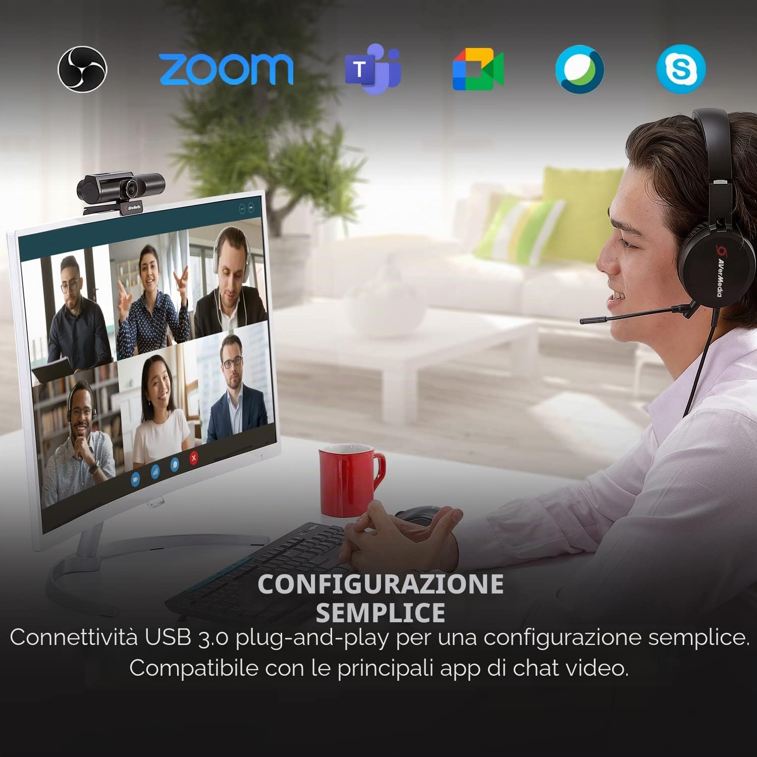 AVerMedia Live Streamer CAM 513, Webcam Ultra Wide Angle 4K con Cover, Microphone, Plug & Play, Gaming, Stream, Video Call, Works with Skype, Zoom, OBS, XSplit, PC/Laptop PW513, Nero