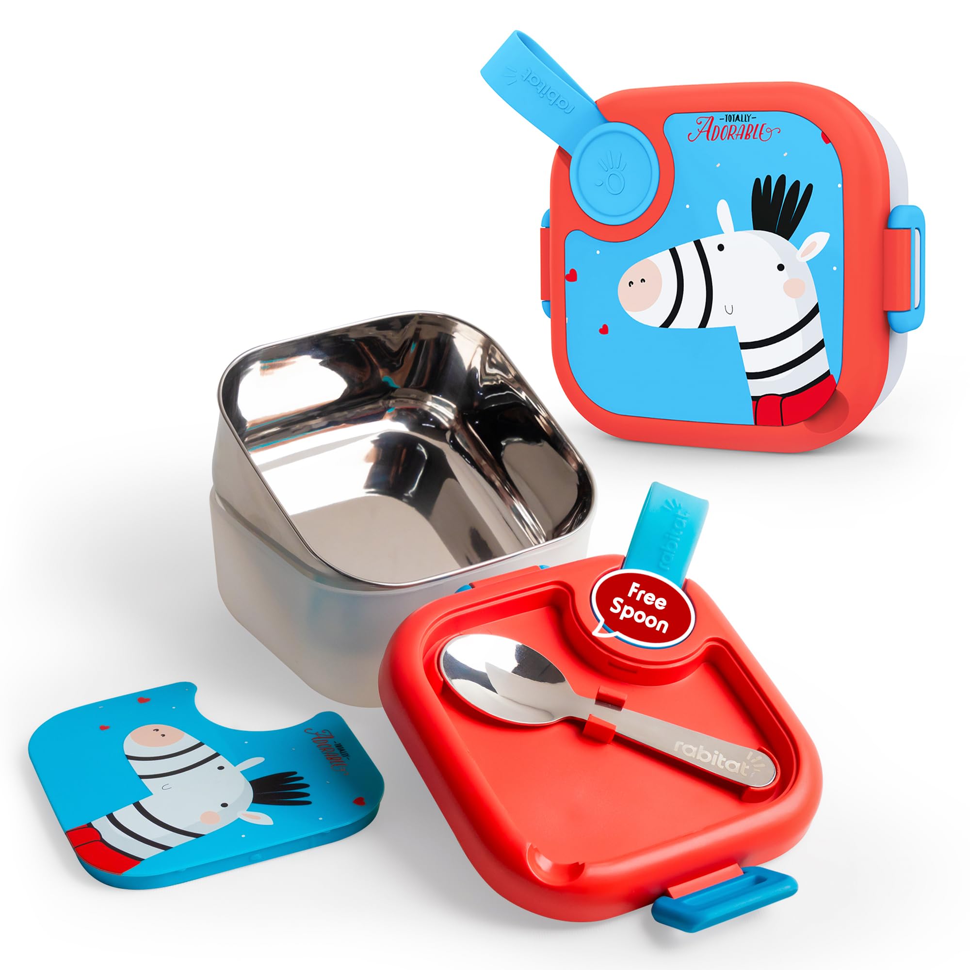 rabitat Stainless Steel Lunch Box with Spoon - 2 Years Brand Warranty | Tiffin Box for Kids | Steel Lunch Box for School Girls and Boys | LUNCHMATE Mini Totally Adorable 500 ml