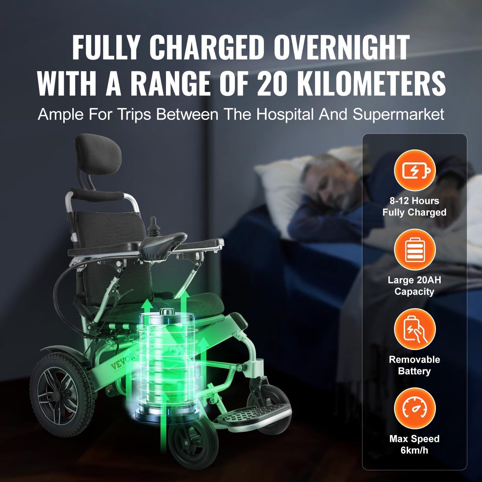 VEVOR Sedia a Rotelle Elettrica, Capacità Carico 136,08 kg, Sedia a Rotelle Motorizzata Pieghevole Leggera Larghezza 449,58 mm, Sedia per Tutti i Terreni Lega Alluminio, Schienale Regolabile
