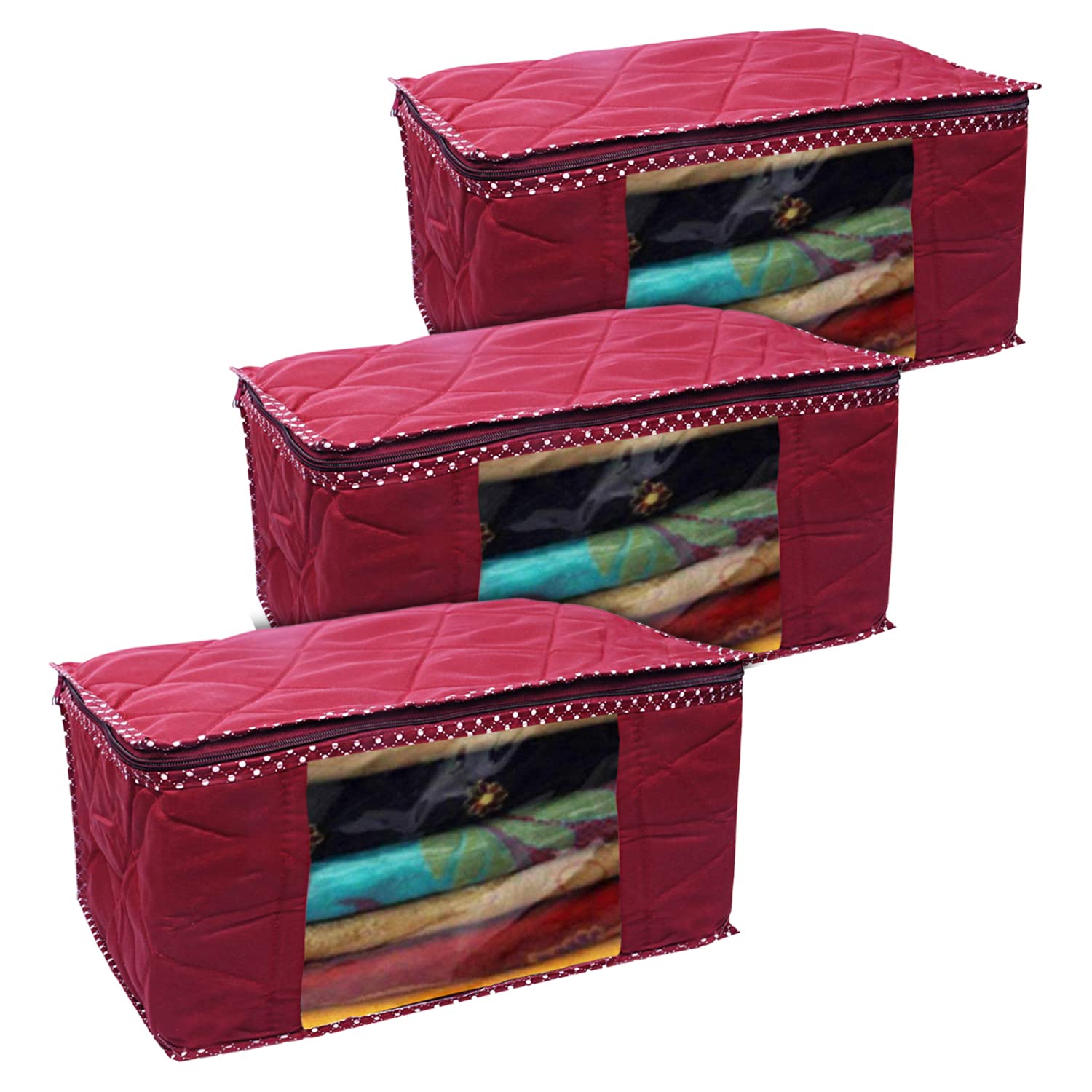 Kuber Industries Multiuses Foldable Parachute Saree Covers/Clothes Storage Bag/Wardrobe Organizer With Transparent Window- Pack of 3 (Maroon)