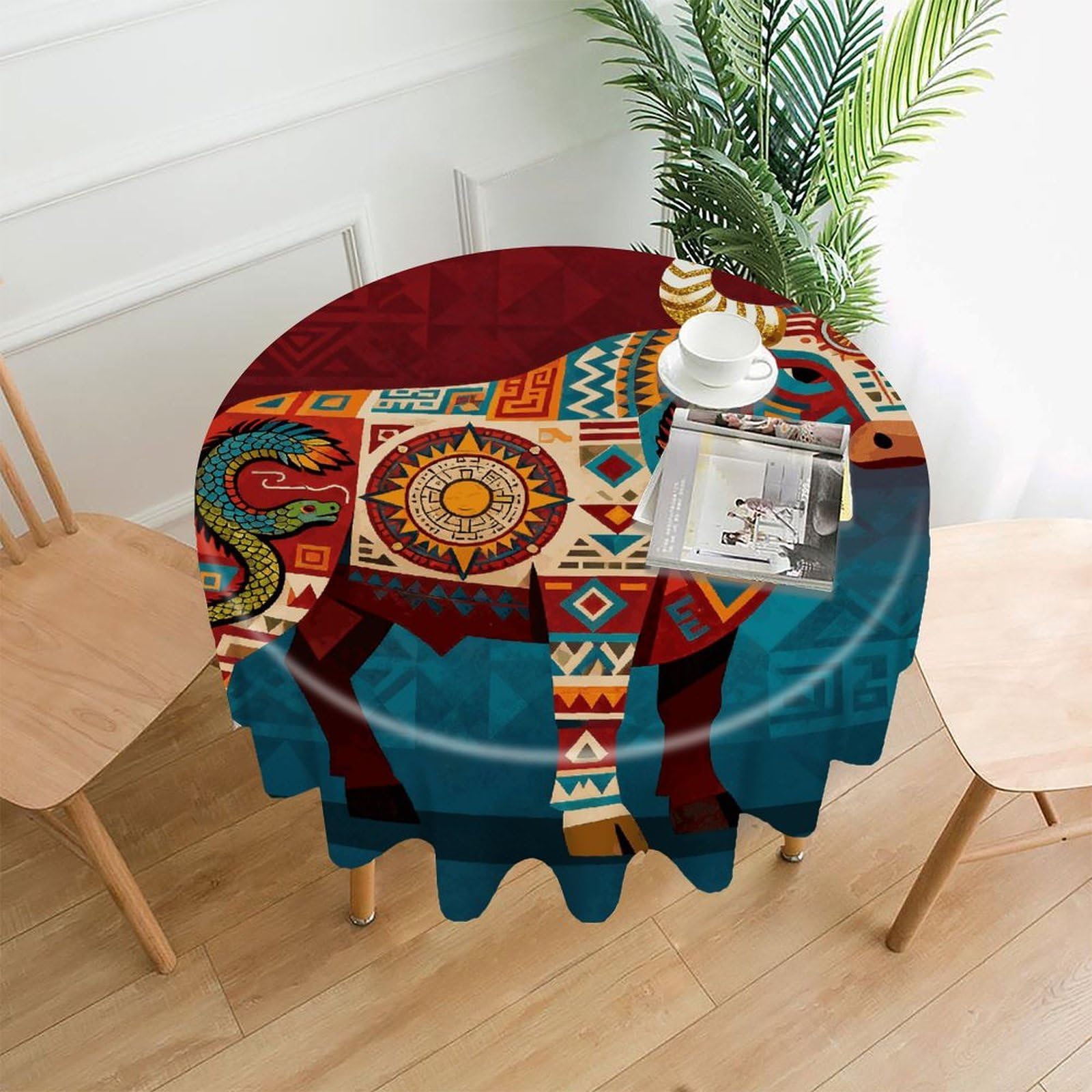 VstaDank Aztec Cow Table Cloth Fashions Washable Round Tablecloth Decorative Table Cover Comfortable Straight Edge Tablecover for Dining Kitchen Party Outdoor 60 Inch