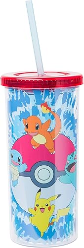Silver Buffalo Pokemon Starters con Pikachu, Bulbasaur, Charmander y Squirtle - Taza alta de plástico tie dye con tapa y pajita, 20 onzas