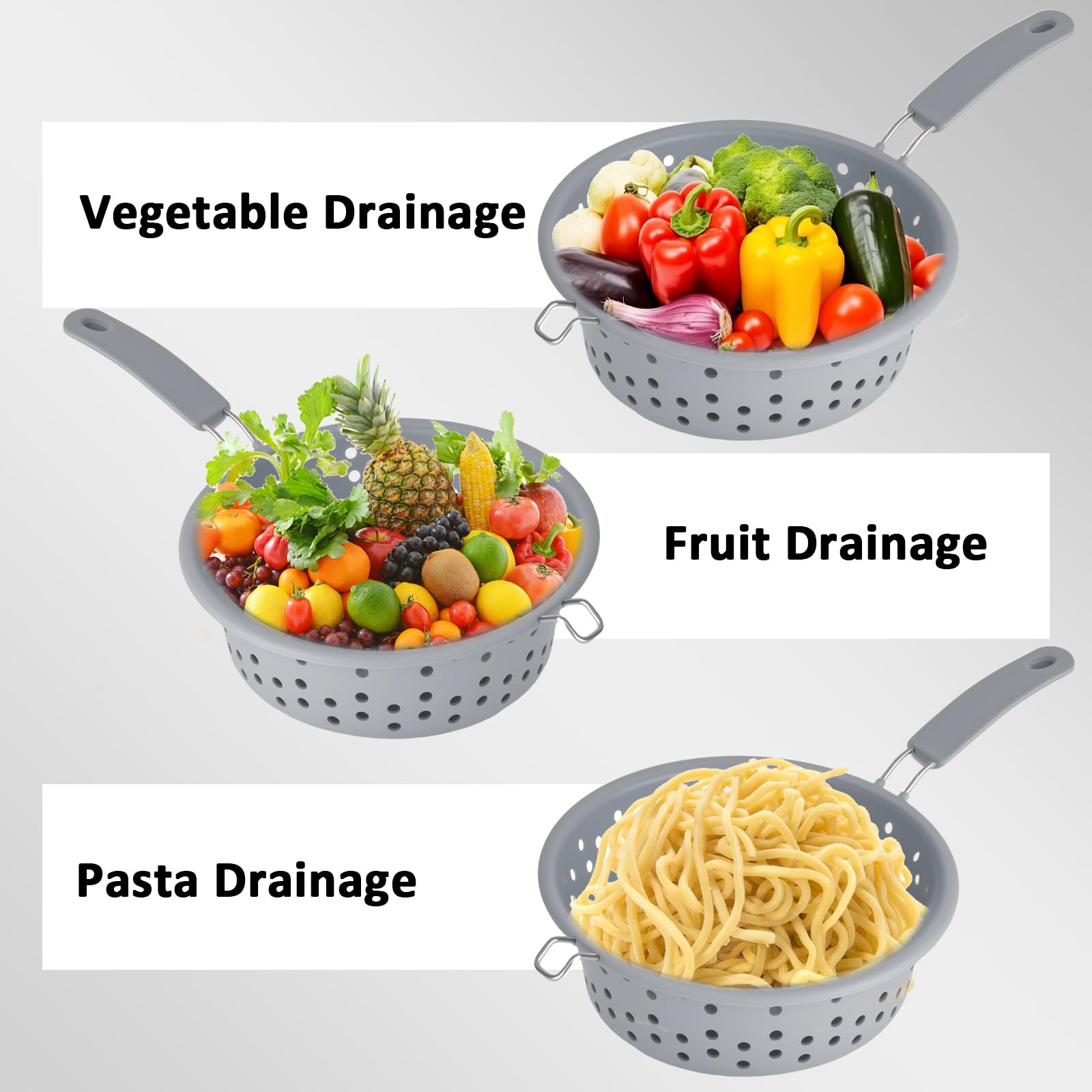Colador plegable de 21 cm, colador de pasta con asa, colador plegable de silicona, colador multifuncional, resistente al calor, colador de alimentos, para espaguetis, pasta, verduras, frutas
