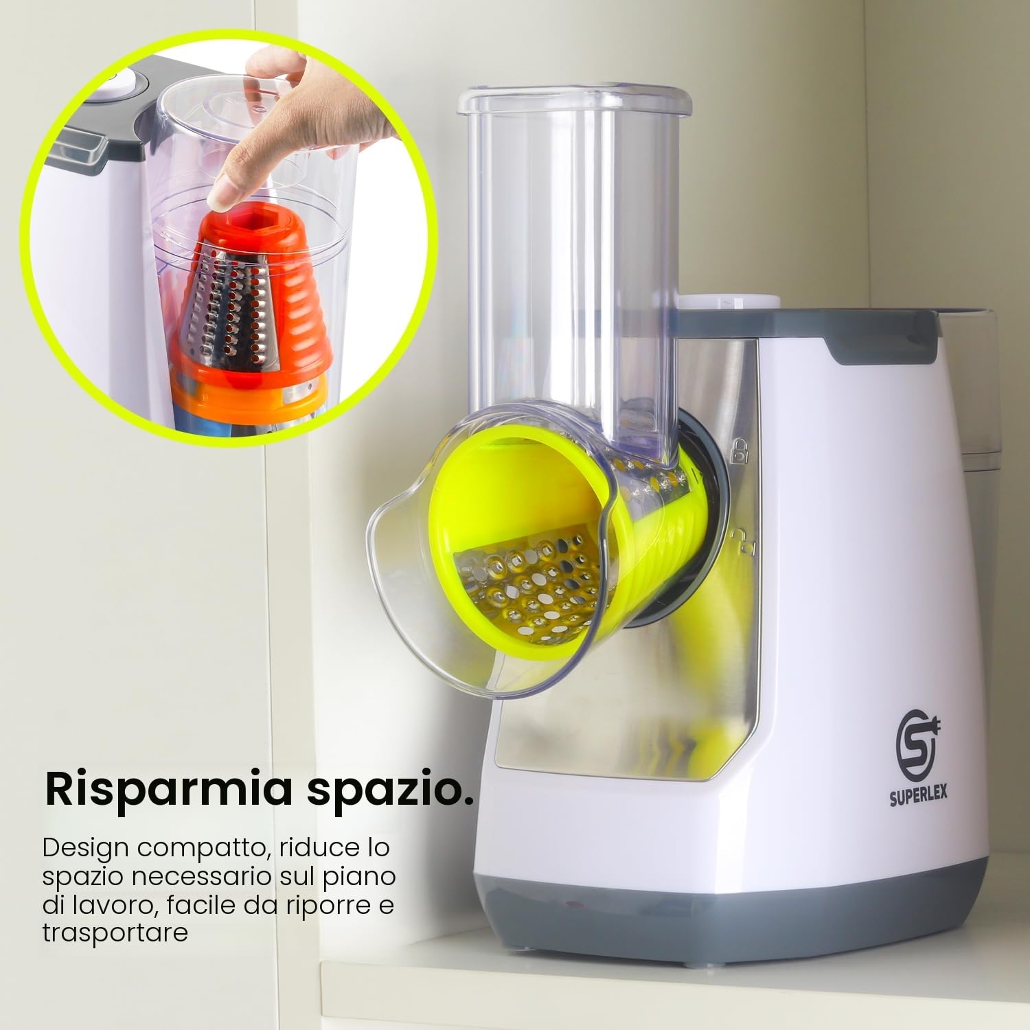 Affettaverdure elettrico 5-in-1, mandolina con 5 lame tamburo intercambiabili, grattugia per formaggio per frutta, verdura, carote, noci, grattugia da cucina
