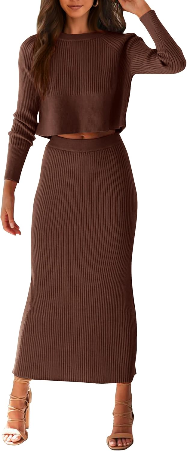 PRETTYGARDEN Women's Spring Fall 2 Piece Sweater Set Rib Knit Long Sleeve Crop Top Maxi Bodycon Skirt Casual Winter Outfits
