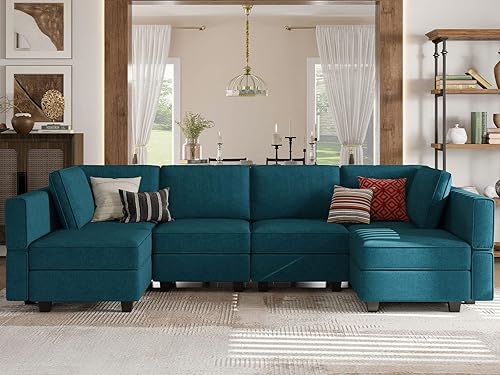 Belffin Sofá modular en forma de U, sofá otomano de almacenamiento reversible, sofás de gran tamaño con diván azul pavo real