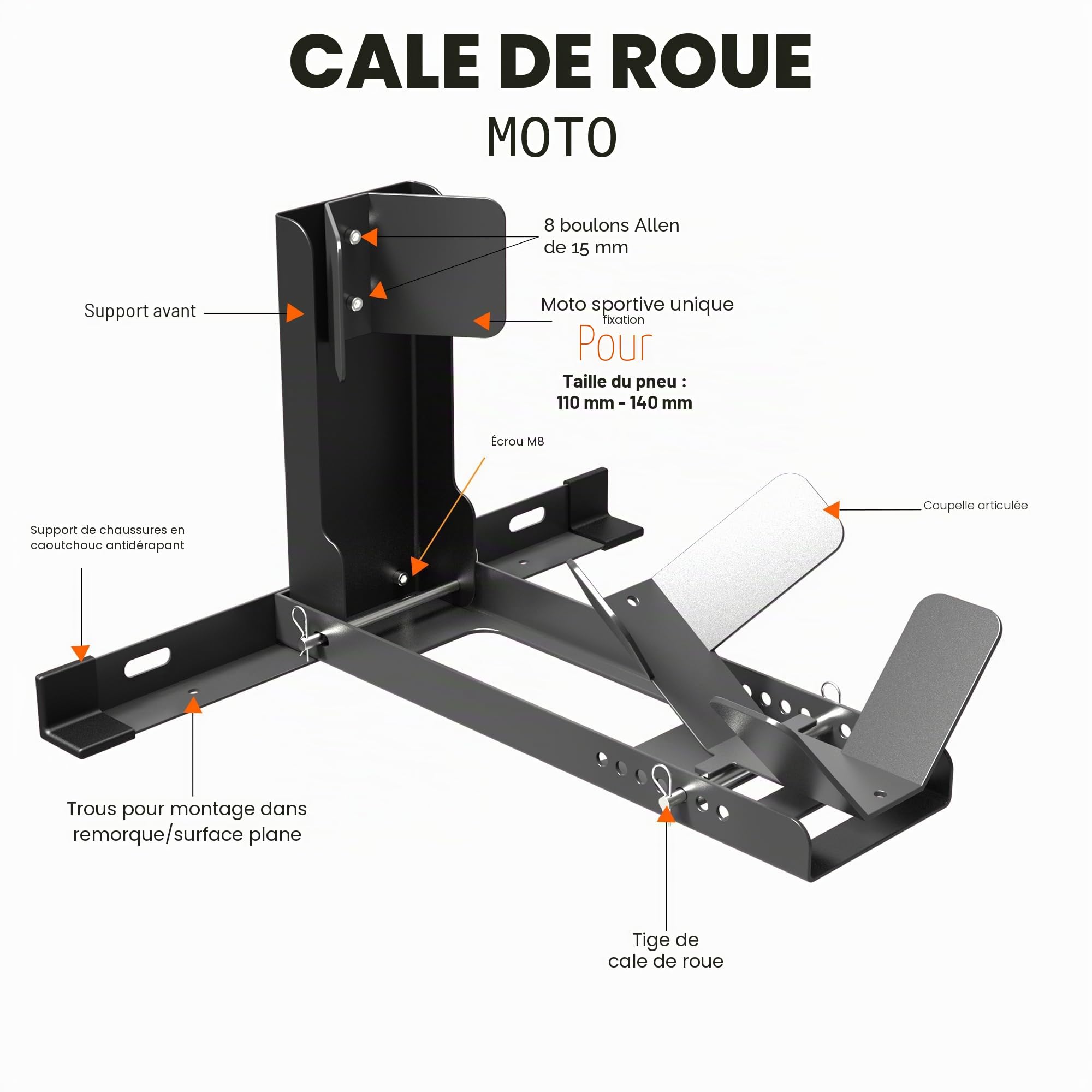 GRAND PITSTOP Cale de roue universelle pour moto Crusier, Sports et Dirt Bikes, très résistante capacité de charge de 907,2 kg, support de moto pour remorque, entièrement réglable, amovible et pliable