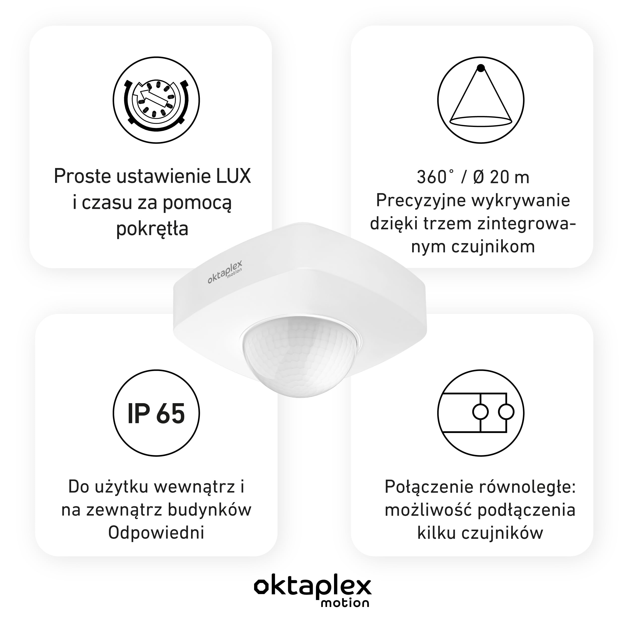 Oktaplex Tim 2-częściowy zestaw czujników obecności 360 stopni, czujnik ruchu na zewnątrz, IP65, czujnik ruchu PIR, biały, 230 V