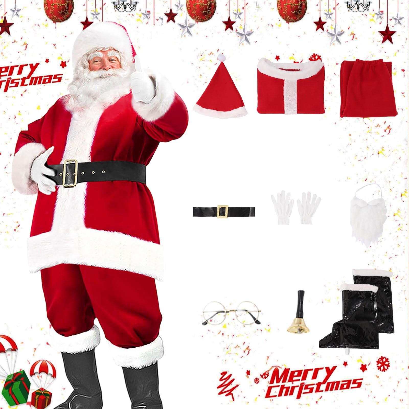 Faschingskostüme Damen Weihnachtsmann Kostüm Set Herren 9 Teilig Rot Samt Mütze Bart Hose Stiefel Cosplay Weihnachtsmannkostüm Herren Komplett