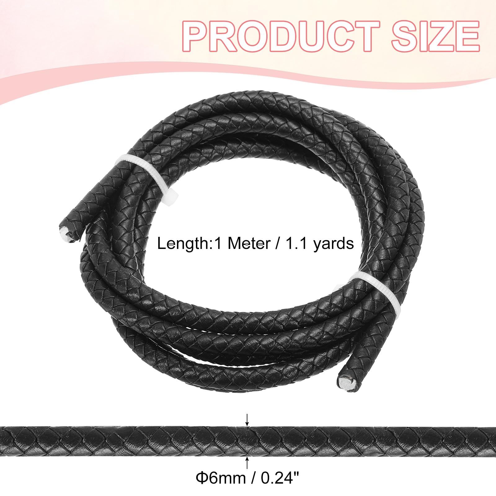 PATIKIL Round Braided Leather Cord, 6mm Braided Genuine Leather Cord String Rope Folded Leather Strip for Jewelry Making Crafts Necklaces Bracelets, Black(1.1 Yards)