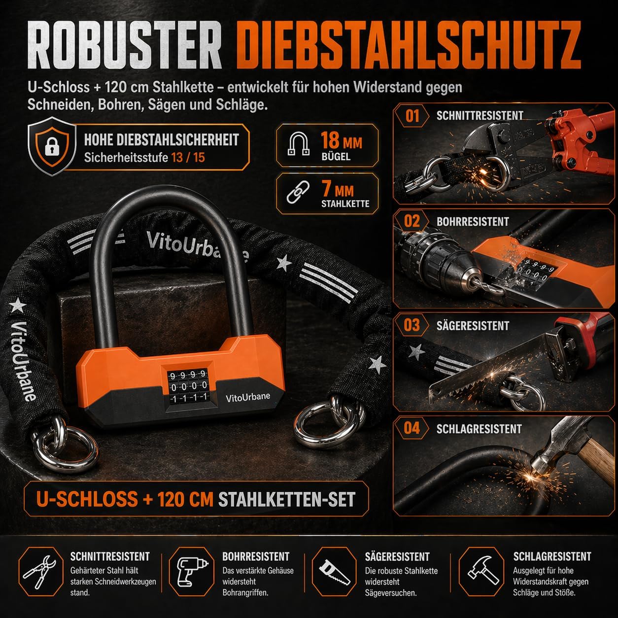 Fahrradschloss mit Zahlencode - 18 mm Fahrrad Bügelschloss und 120 cm Kette