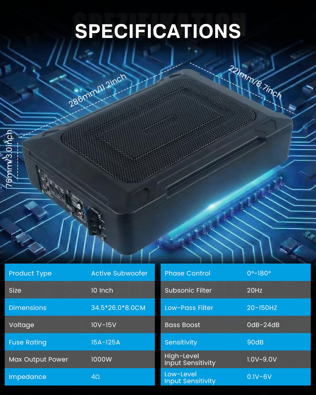 Subwoofer auto ultraflatto, adatto per auto/camion, con amplificatore integrato, installabile sotto i sedili, potenza massima 1000W, subwoofer compatto