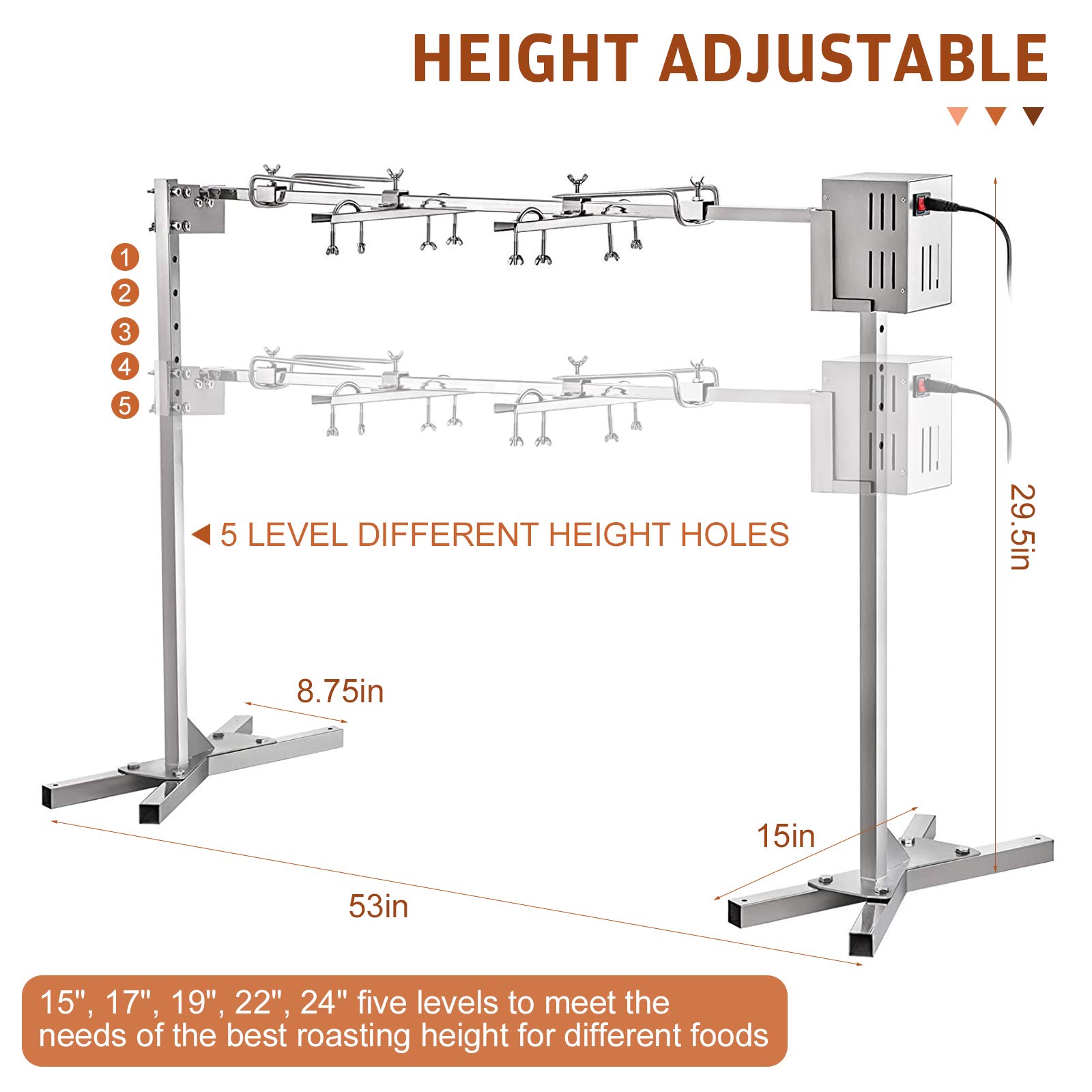 4YANG Rotisserie Grill Kit, 15W Automatic Rotisserie Grill Motor and 5 Gears Height Adjustable Outdoor Stainless Steel Rotisserie Kit for 30 KG Pig, Hog Lamb, Turkey