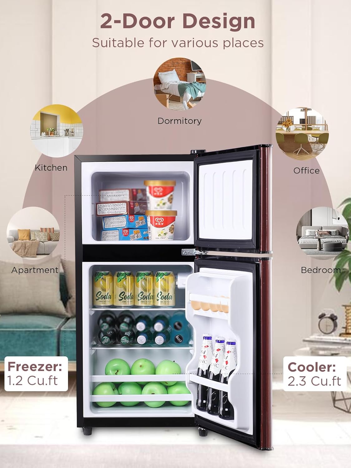F.W.WOOLWORTHS 3.5 Cu.Ft Fridge with Freezer, Refrigerator with 2 Doors for Office, Kitchen, Dorm and Bedroom, Fridge with 7 Level Temp Adjustable Thermostat, Wood