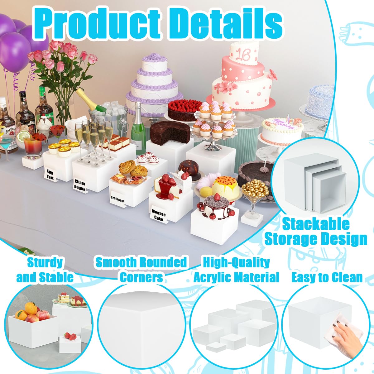 Lot de 6 rehausseurs de buffet, 3 x 4 x 5 x 6 x 7 x 8 pouces, blanc, acrylique, avec 6 mini panneaux de buffet, présentoir de table à dessert avec fonds creux, supports empilables