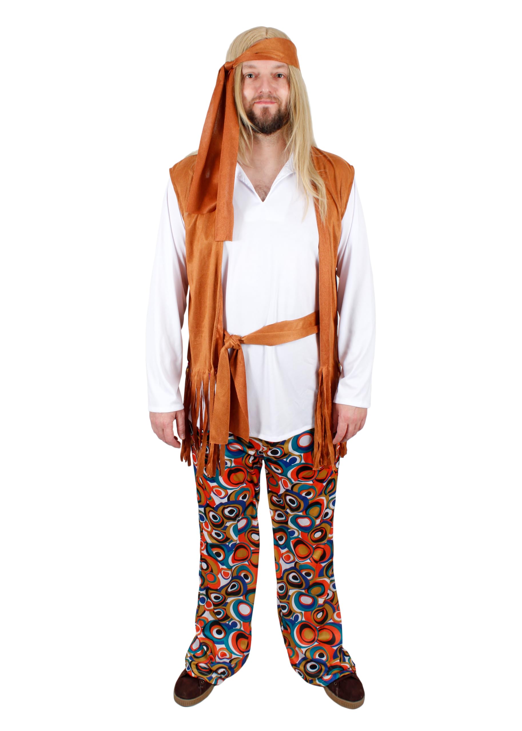 AR BRAND EST. 2021 Adult Hippie Costume Set, 1960s Retro Style with Fringed Brown Vest, Psychedelic Print Pants, Headband for Costume Parties, Theater, Halloween (M/L)
