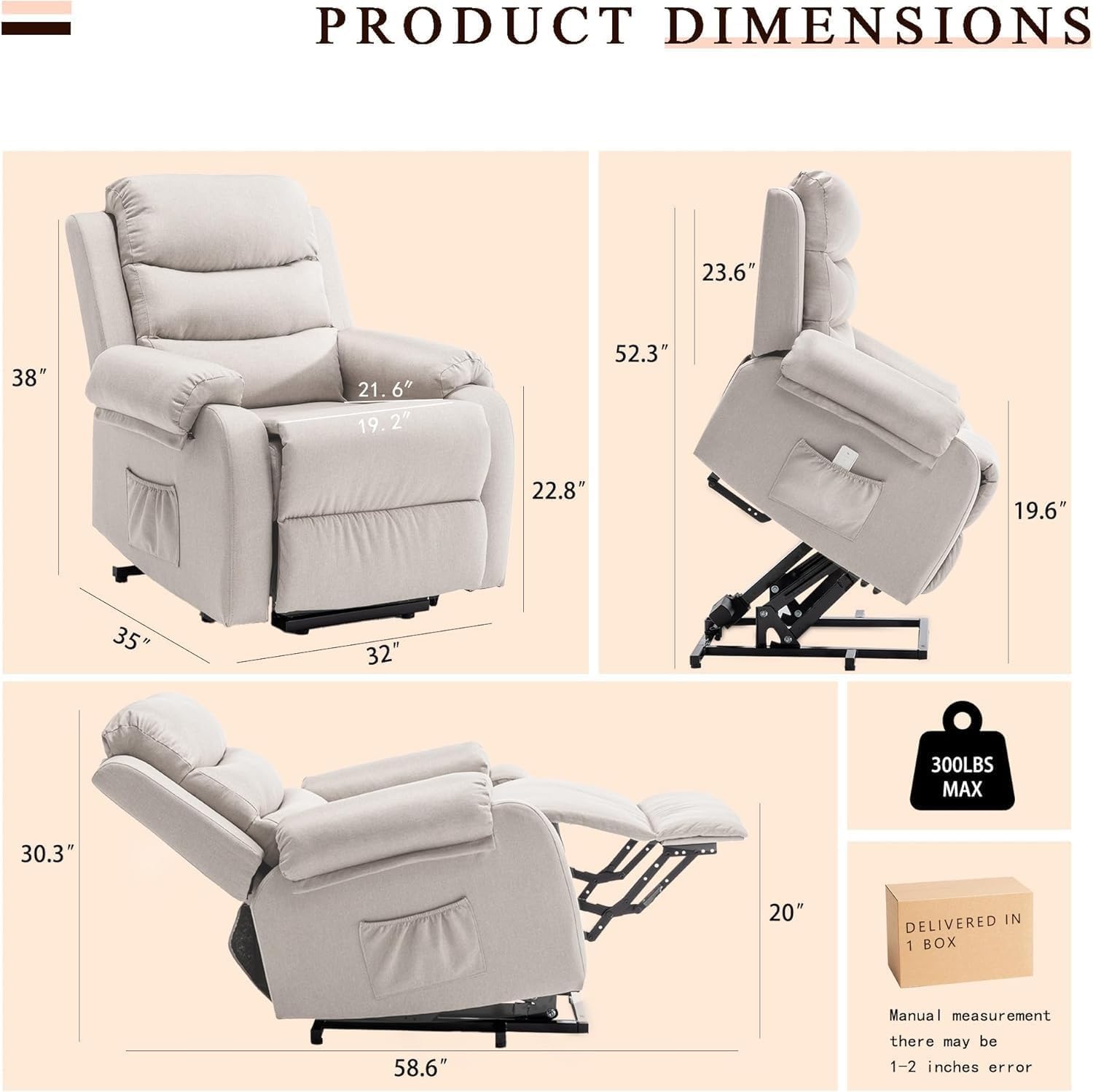 Oversized Recliner Sofa with Power Lift, Genuine Leather Upholstery, Heat Massage, Remote Control, USB Charging Ports, Cup Holders, and Infinite Position Recline for Living Room