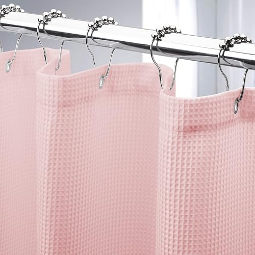 AmazerBath Cortina de ducha de punto gofre, cortina de ducha larga de tela rosa rubor con tejido de gofre, cortinas de ducha de baño de calidad de