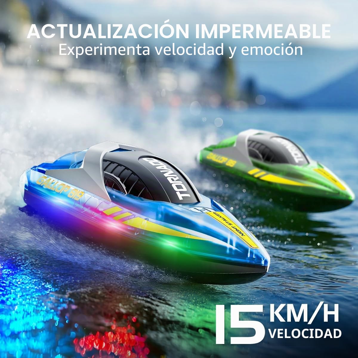 Barco Teledirigido RC 2 Unidades, Control Remoto 2.4GHz,Doble Hélice, Modo Dual de Velocidad, Luces LED, función Flip automática, 4 Baterías Recargables,para Niños y Adultos, Ideal para Piscina y Lago