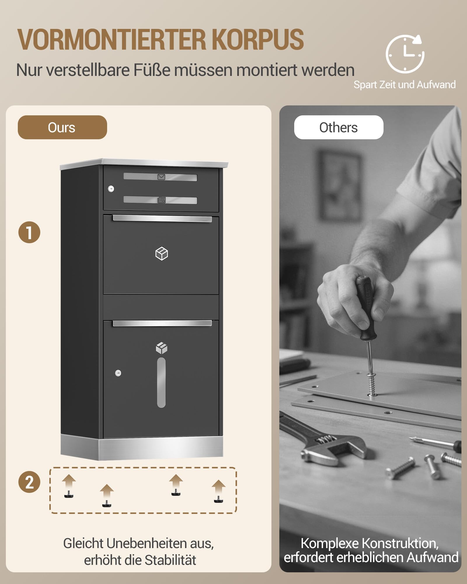 Hzuaneri Paketbox, Paketbriefkasten XXL mit Paketfach, Schwarz | Sichtfenster, Stahl, Abschließbar, Standbriefkasten für Pakete und Briefe, Wetterfester, 2 Schlüssel, MB10199GR