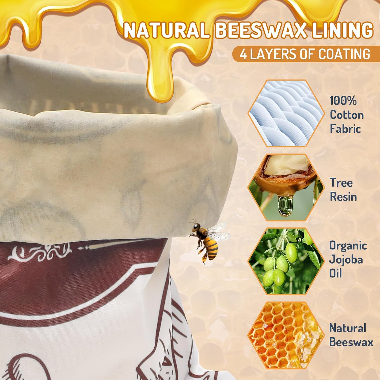 2-Pack Beeswax Bread Bags for Homemade Bread，Reusable Sourdough Storage Bags with Premium Beeswax Coating for Loafs Baguette Fresh Keeping,Great Baking Essentials and Gifts for Families & Friends. image 4