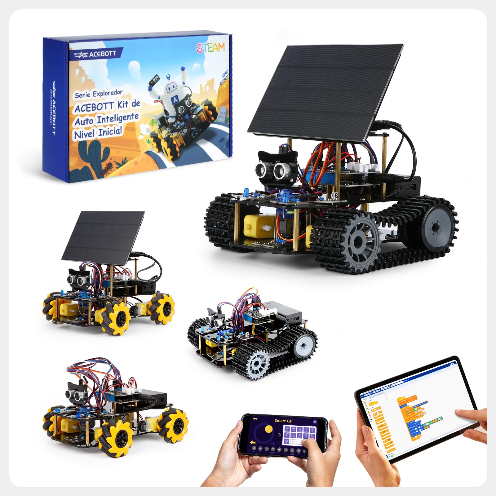 ACEBOTT ESP32 Smart Tank Solar Robot Car, 4WD movimento omnidirezionale auto telecomando compatibile con Arduino IDE, progetto di programmazione elettronica/kit di codifica scientifica STEM per