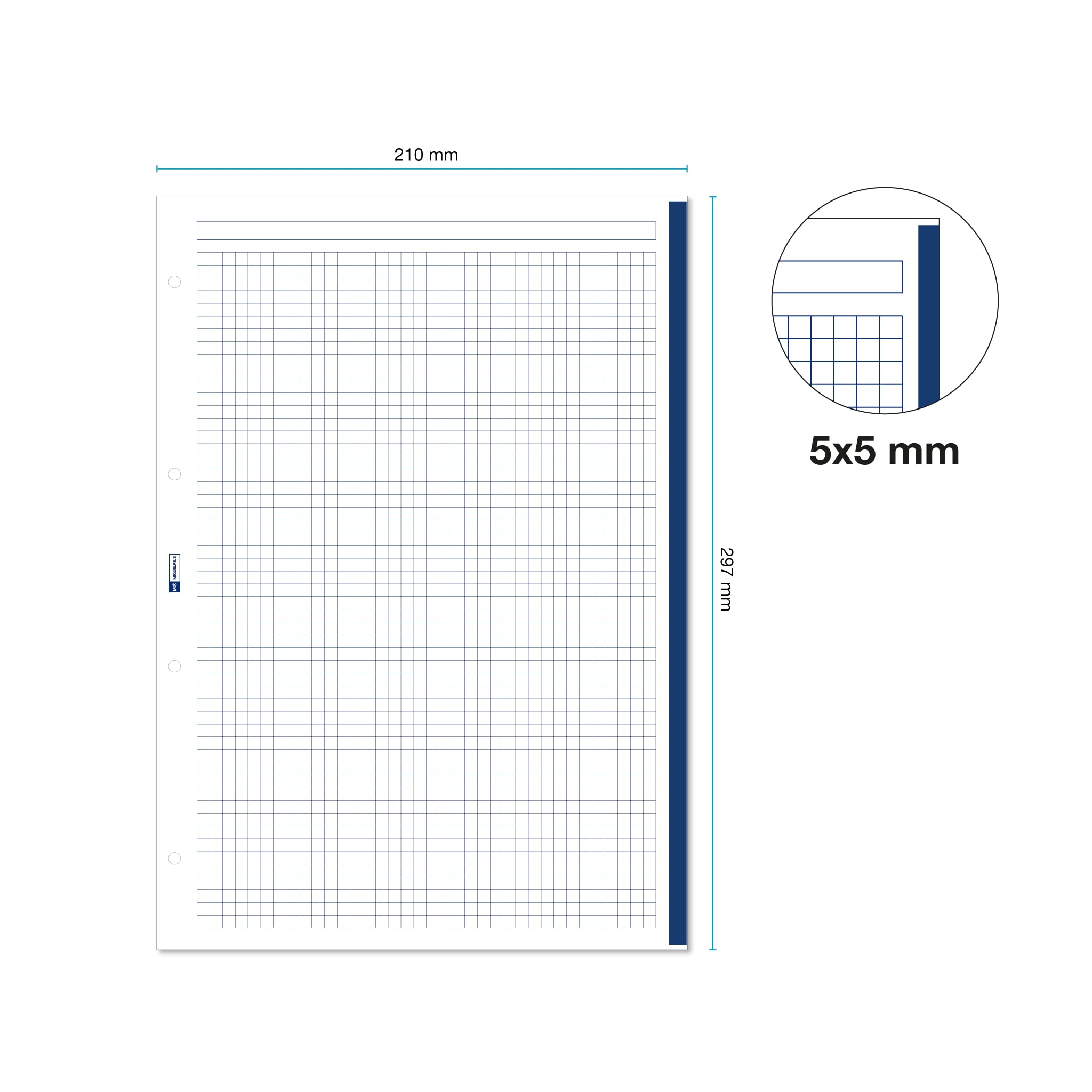 Miquelrius Recharge de feuilles A4 quadrillées 5x5 mm, 150 feuilles 90 g/m², 5 couleurs pastel, Perforation standard