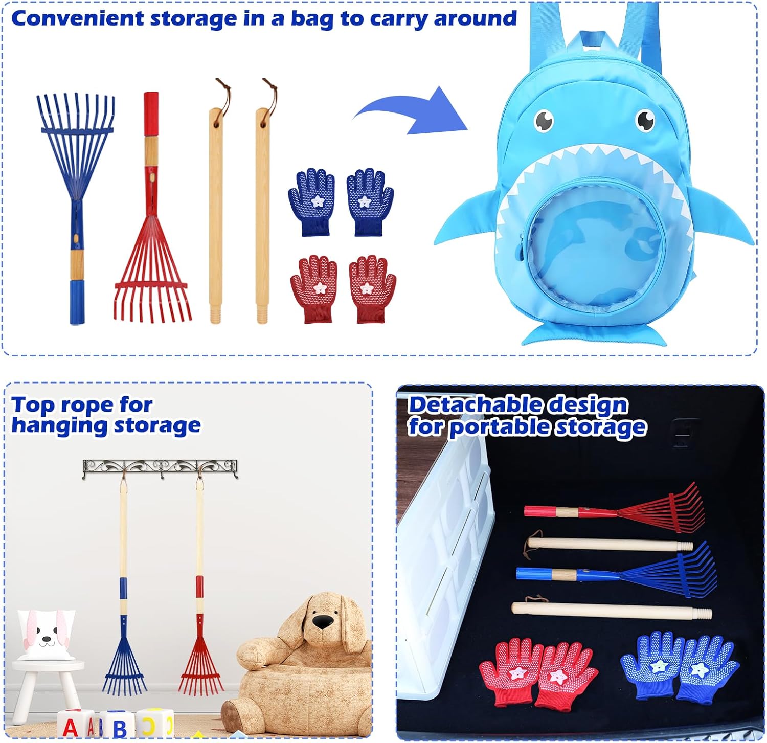NNG 2 PCS 27" Metal Kids Leaves Rakes and 2 Pairs Kids Gloves,Small Kid Lawn Rakes with Wooden Handle,Garden Tool Set for Boys and Girls