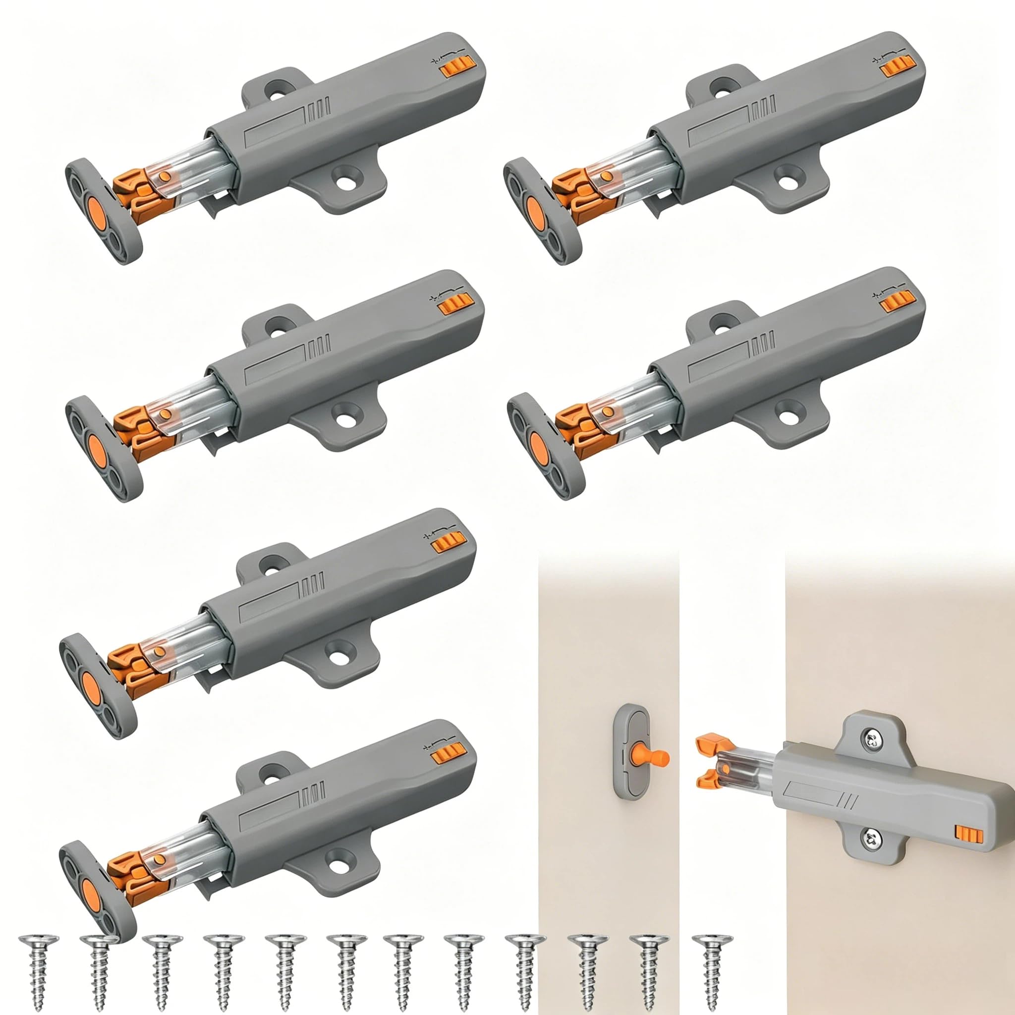 6 Pcs Grey Push to Open Latch, Heavy Duty Spring Snap Touch Catch, Release Door Fastener for Cabinet Wardrobe Drawer Closure