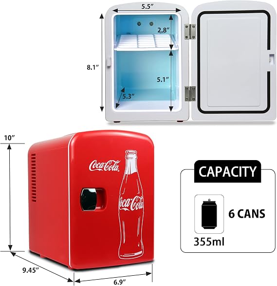 Mini Fridge For Bedrooms 4L Small Fridge 6 Can Table Top Quiet Mini Fridges For Skincare Office Food Drinks Kids Home Car & Travel 12v Portable Cooler Refrigerator by Coca-Cola, Red [Energy Class A]