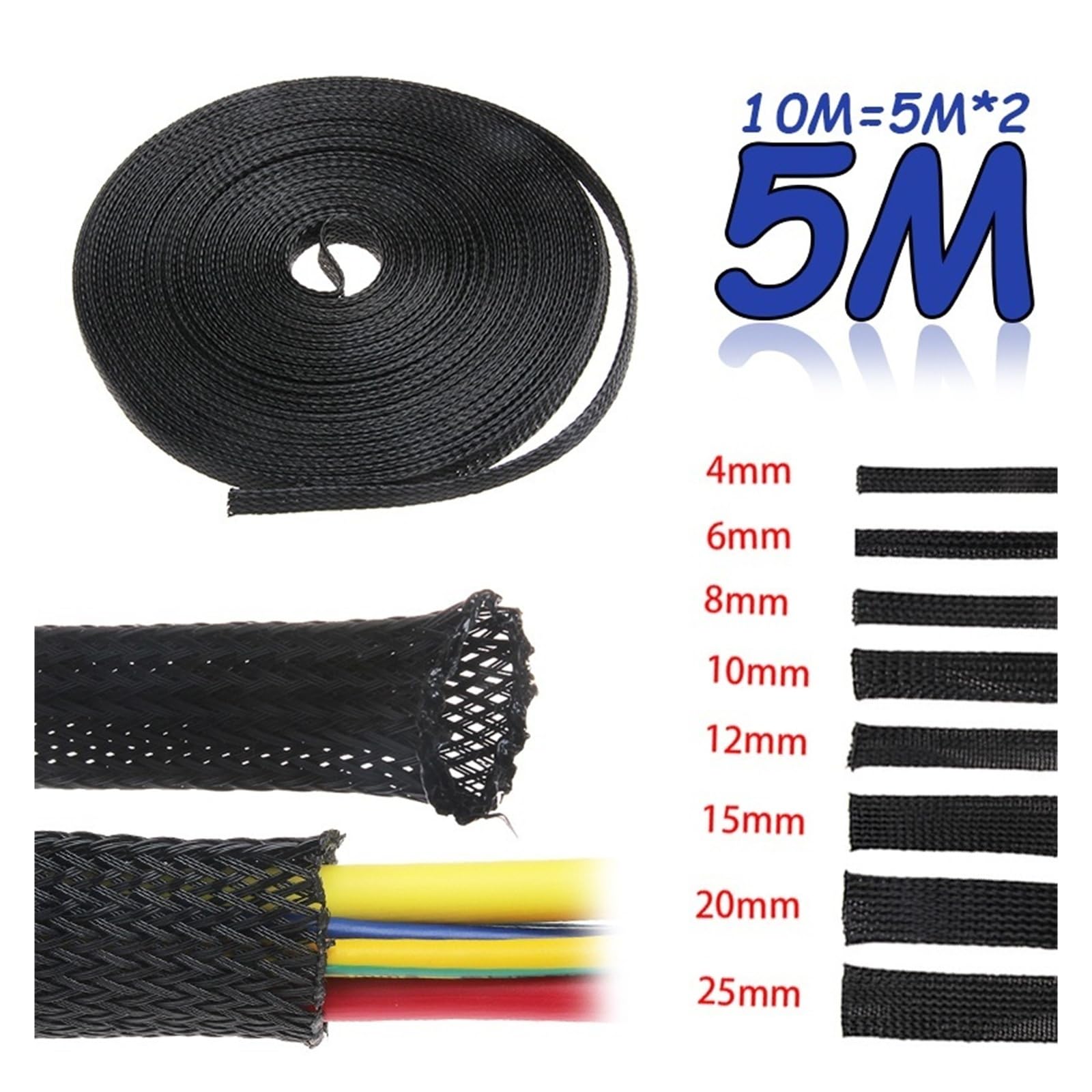 Gaine de câble extensible en PET de 5 m - 4 à 25 mm - Avec extension de 150 % pour gestion des câbles automobile, home cinéma, bureau (20 mm x 5 m)