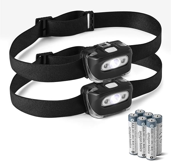 Amazon Basics Lampe Frontale LED avec 7 Modes d'Éclairage - Lampe de Tête Réglable pour Camping avec Lumière Rouge de Sécurité - Lampe Frontale Résistante à l'Eau - Piles Incluses - Noir - Lot de 2 - 1